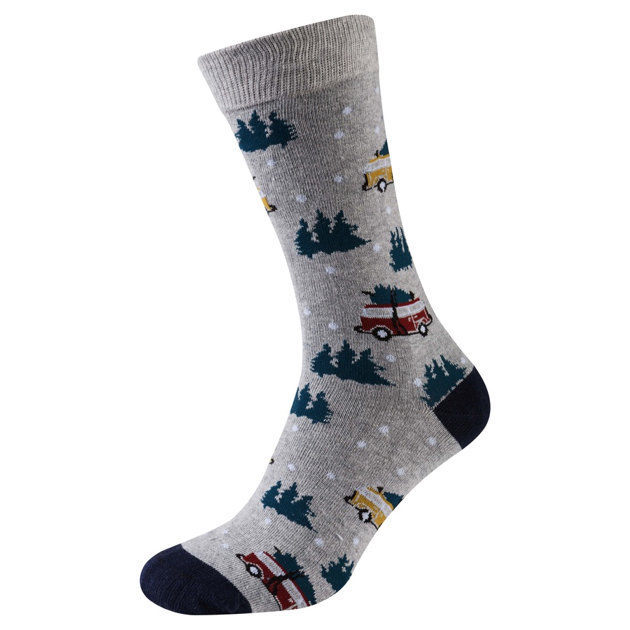 Шкарпетки чоловічі новорічні, сіро-синій "машинка з ялинками"
