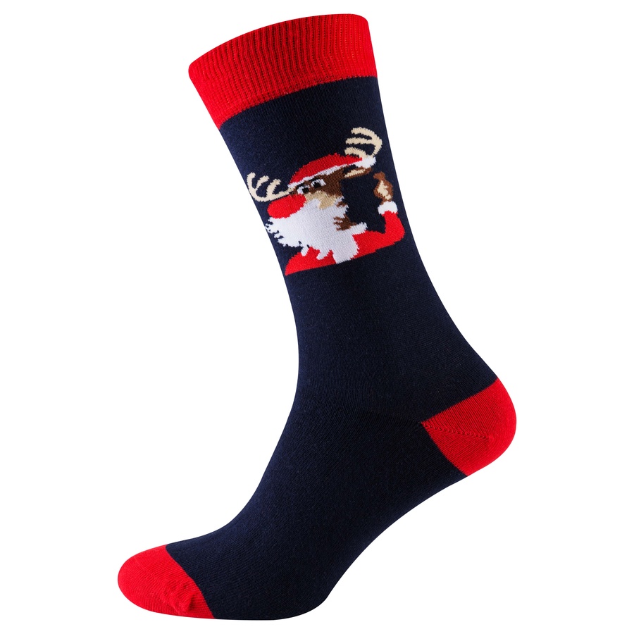 Шкарпетки чоловічі новорічні, синьо-червоний "олень в шапці Санти"