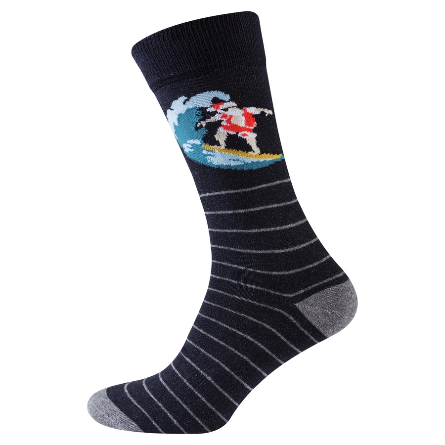 Шкарпетки чоловічі новорічні, чорно-сірий в смужку "санта-серфер"