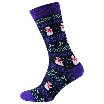  Шкарпетки чоловічі новорічні, синьо-фіолетовий "сніговики"
