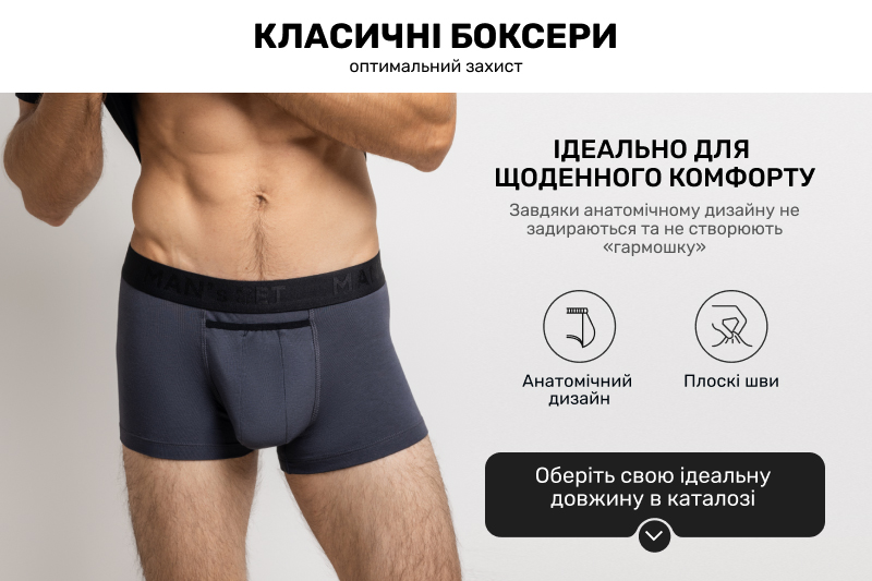 Чоловік з голим торсом демонструє сірі боксери бренду «MAN’s SET». Поруч іконки анатомічного дизайну та плоских швів, а також чорна кнопка з посиланням на каталог для вибору ідеальної моделі.