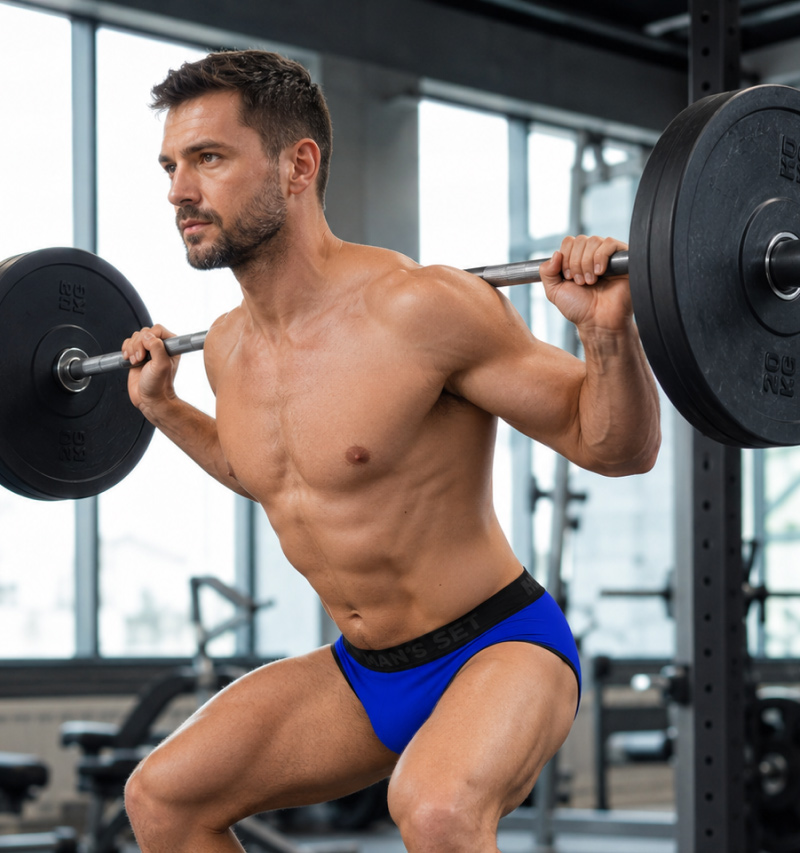 Атлетичний чоловік у синіх спортивних трусах-бріфах MAN'S SET виконує вправу присідання зі штангою на плечах у сучасному тренажерному залі.