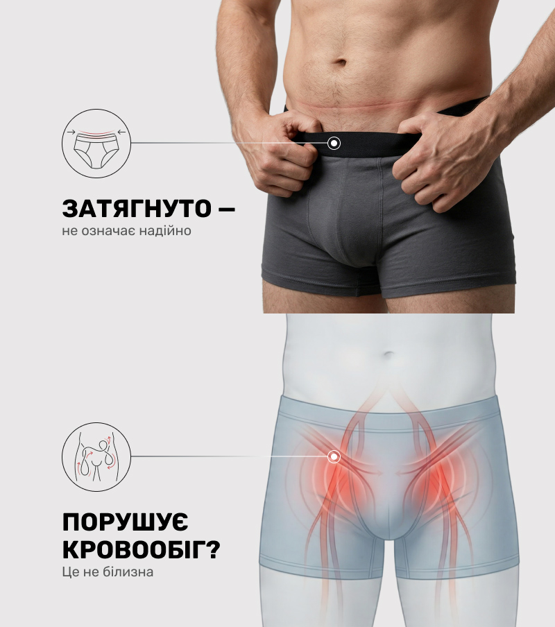 Два колажі: зверху — рука чоловіка тягне за гумку трусів, ілюструючи, що занадто туга посадка не означає надійність; знизу — схема кровообігу тазу з червоними зонами накладання, що демонструє шкідливий вплив тісної білизни на здоров’я.