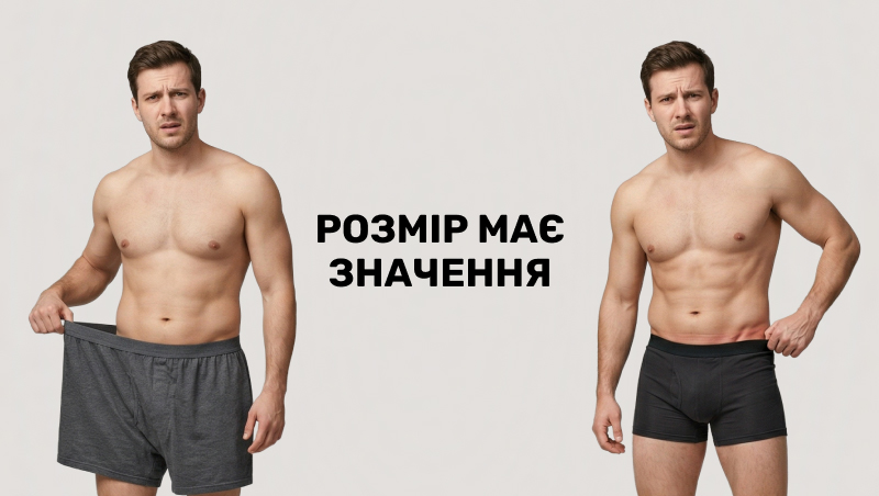 Порівняльне фото одного й того ж чоловіка в різній білизні на світлому фоні: ліворуч — чоловік у вільних і завеликих сірих «сімейних» трусах, праворуч — той самий чоловік у щільно прилеглих чорних боксерах, що підкреслюють фігуру. По центру напис «РОЗМІР МАЄ ЗНАЧЕННЯ».