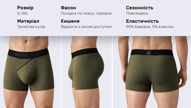 Модель чоловіка в оливкових трусах-боксерах Man’s Set із косою вставкою, показана з трьох ракурсів: спереду, збоку та зі спини. Зверху вказані характеристики: розмір S-3XL, матеріал трикотаж кулір, відкрита кишеня з косим доступом та склад тканини (95% бавовна, 5% еластан).