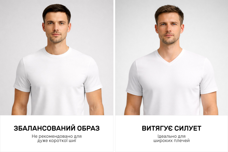 Як вибрати форму вирізу чоловічої футболки: порівняння круглого та V-подібного вирізу на прикладі білої футболки.