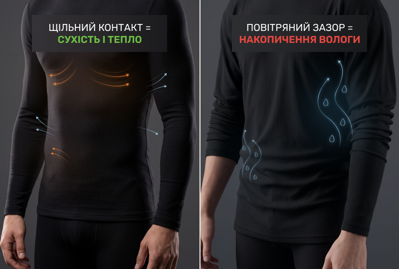 Візуальне порівняння правильної та неправильної посадки чорної термобілизни на чоловічому торсі. На лівій половині зображено щільний контакт тканини з тілом, що гарантує сухість і збереження тепла (проілюстровано помаранчевими стрілками тепла та синіми відведення вологи). На правій половині продемонстровано вільну посадку з повітряним зазором під тканиною, де накопичуються блакитні краплі вологи та поту.