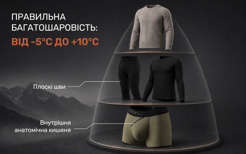 Інфографіка правильної багатошаровості чоловічого одягу на фоні гір від бренду Man's Set: оливкові анатомічні боксери з внутрішньою кишенею як базовий шар, чорна чоловіча термобілизна з плоскими швами як середній шар та теплий бежевий светр як верхній шар для комфорту при температурі від -5°C до +10°C.