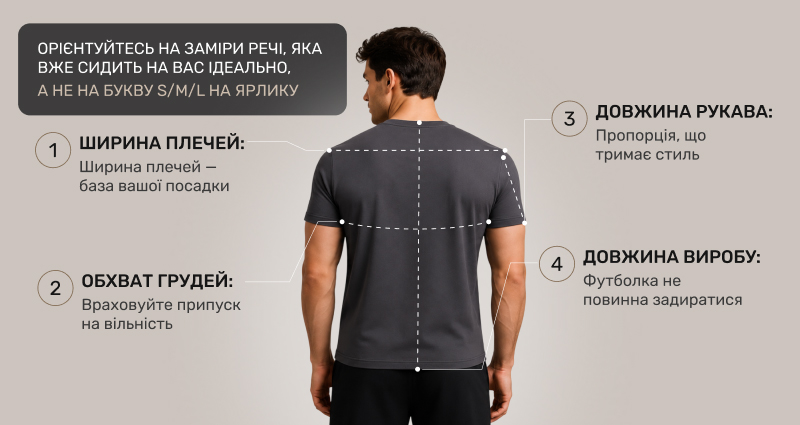 Чоловік атлетичної статури з темним волоссям стоїть спиною у темно-сірій футболці Man`s Set на світло-сірому фоні. Поверх фотографії білими пунктирними лініями з крапками-маркерами та цифрами від 1 до 4 схематично показані місця для правильного зняття мірок: горизонтальна лінія від плеча до плеча (ширина плечей), горизонтальна лінія поперек спини (обхват грудей), похила лінія по рукаву (довжина рукава) та вертикальна лінія вздовж хребта до нижнього краю (довжина виробу). Поруч із кожною цифрою є текстове пояснення.