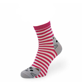 Шкарпетки дитячі Middle Printed бавовняні, білі смужки на малиновому фоні з котиком