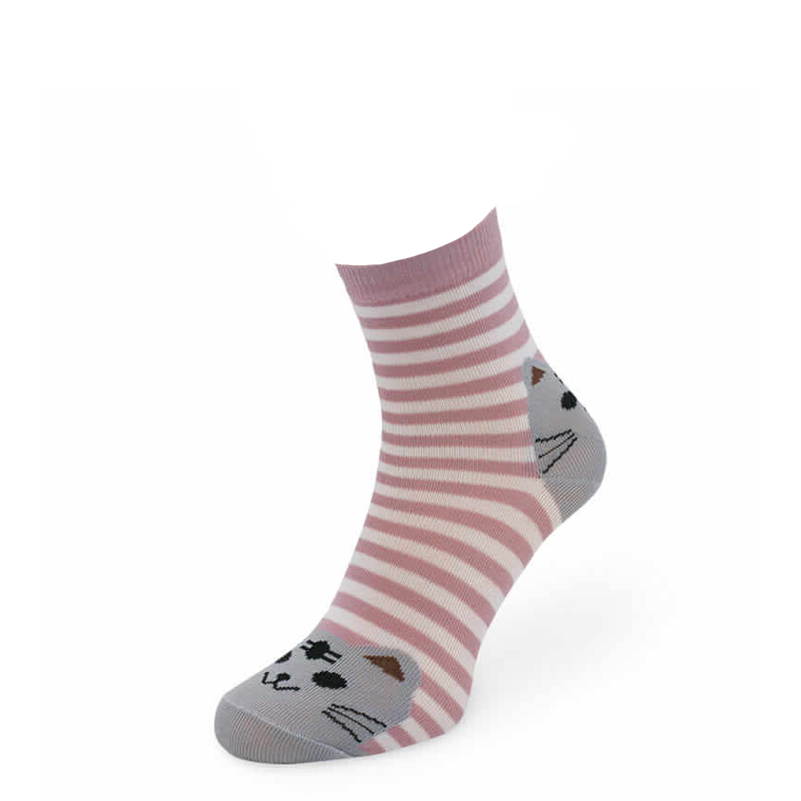 Шкарпетки дитячі Middle Printed бавовняні, білі смужки на бежевому фоні з котиком