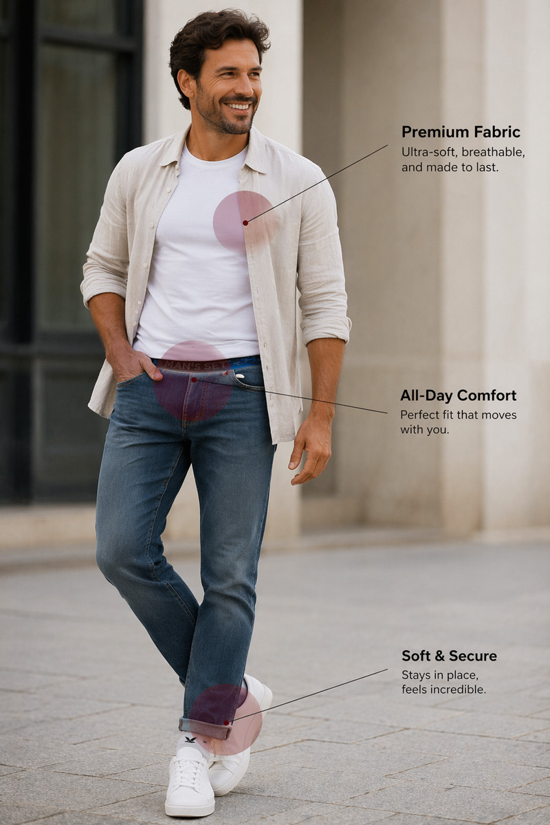 Уверенный мужчина 35 лет в стильной повседневной одежде, на фото нанесены три интерактивные выноски с графическими элементами, указывающими на особенности футболки, белья и носков.