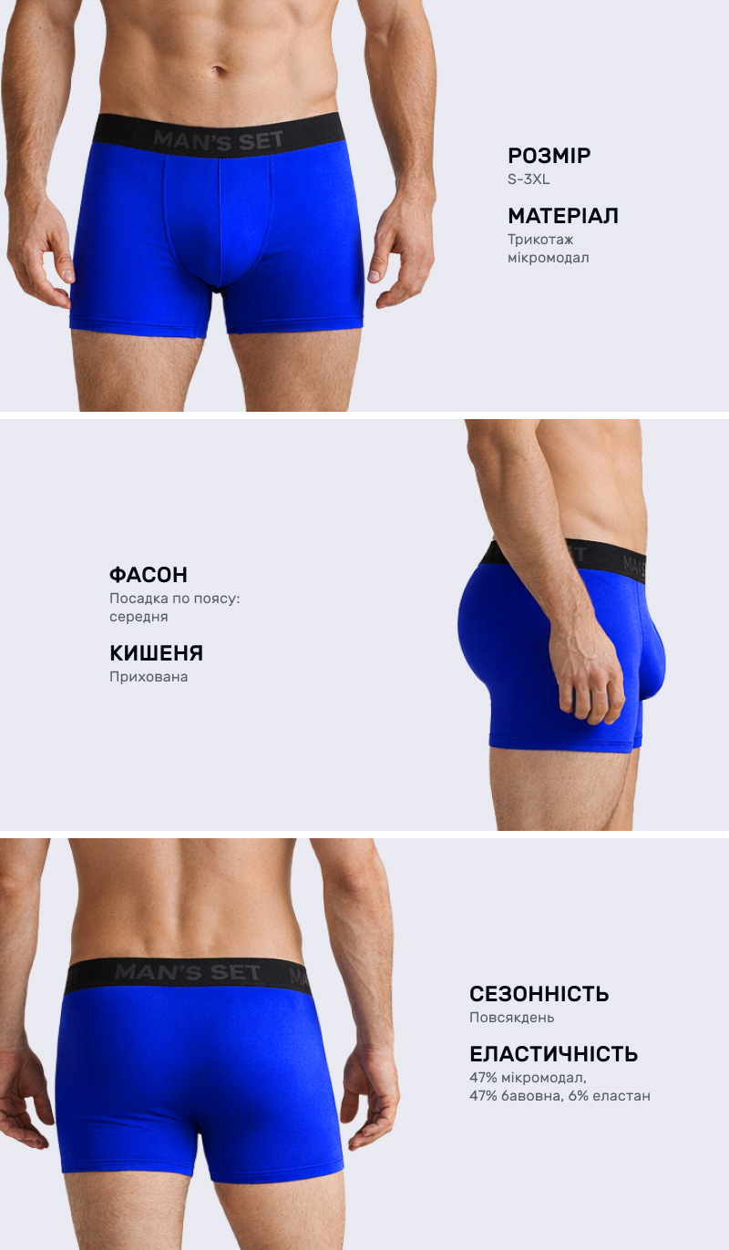 Модель мужчины в ярко-синих трусах-боксерах Man’s Set, продемонстрирована с трех ракурсов: спереди, сбоку и со спины. Рядом приведены технические характеристики: размер S-3XL, материал микромодал, средняя посадка и состав ткани.
