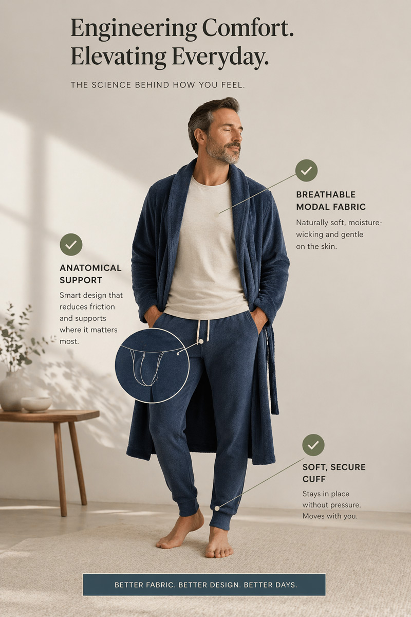 Вертикальная инфографика с мужчиной 40+ в домашней одежде, где графическими линиями с галочками подчеркнуты преимущества анатомического кроя белья, модальной ткани и мягкого борта носков.