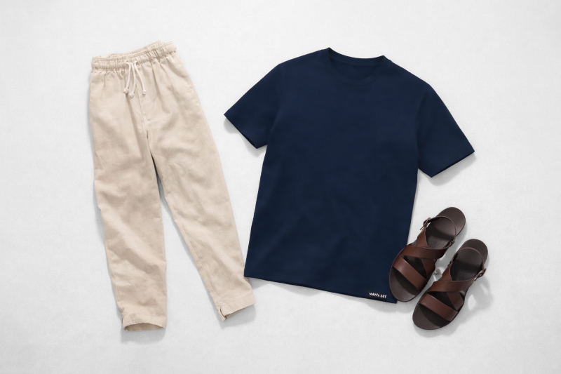 Городской летний стиль для мужчины. Сочетание синей базовой мужской футболки с бежевыми брюками и сандалиями.