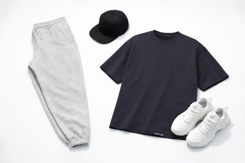 Свободный мужской look для ежедневных прогулок, пример сочетания черной футболки с черной бейсболкой, серыми спортивными штанами и белыми кроссовками.