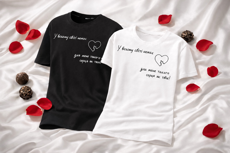 Парные комплекты футболок для него и для нее с принтом (сердца с пазлом и надписями.)