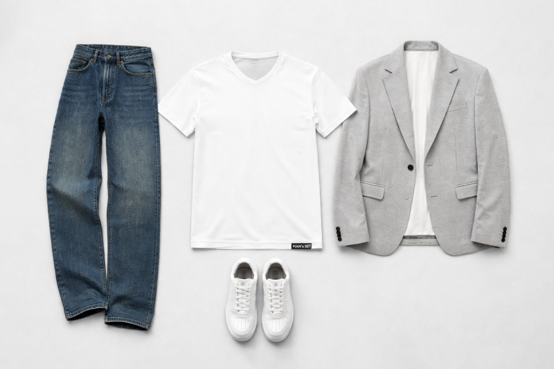 Мужской образ в стиле минимализм и пример сочетания базовой белой футболки с классической одеждой
