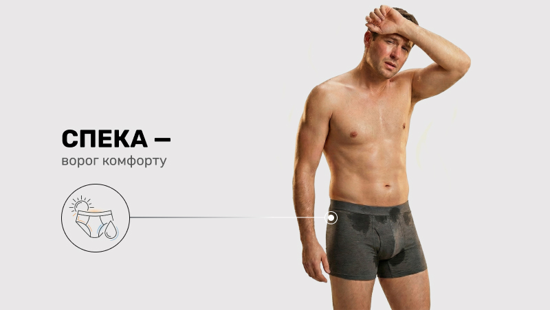 Мужчина с раздетым торсом, который устало вытирает пот со лба, держась за голову. В нижней левой части изображена иконка трусов с солнцем и каплями пота, а на самих трусах мужчины видны влажные пятна, иллюстрирующие дискомфорт в жару.