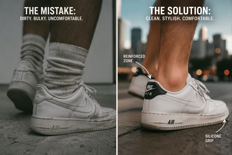 Фотография в формате «До и После»: слева — неопрятные высокие носки, торчащие из кроссовок, справа — незаметные носки-следы в кроссовках с графическими указаниями на силиконовую вставку и усиленную пятку.