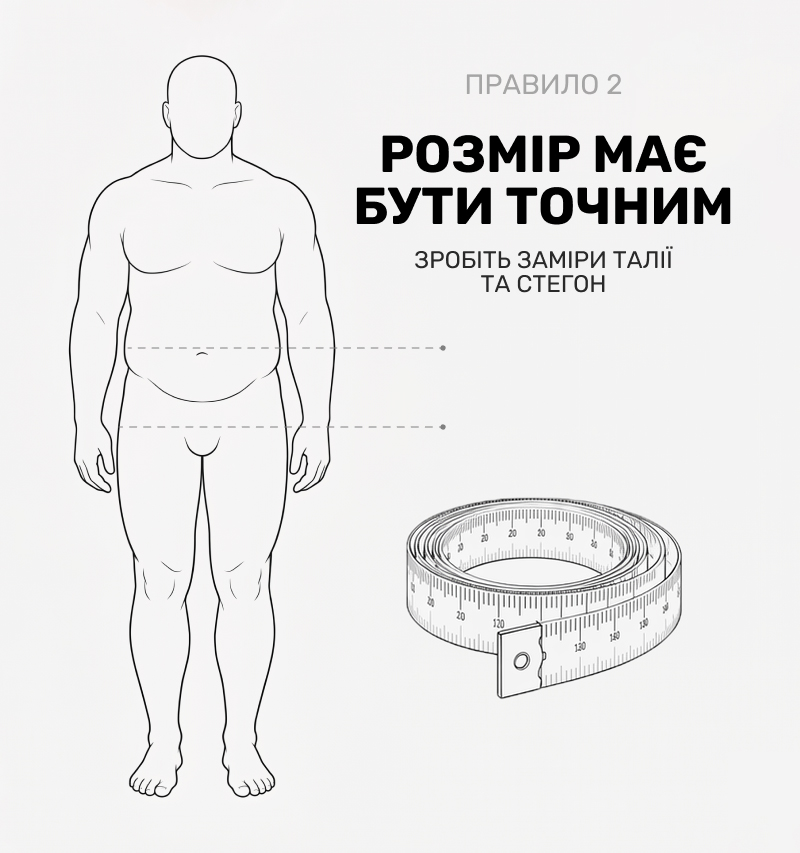 Чорно-біла схема чоловічої фігури з пунктирними лініями для вимірювання талії та стегон, а також рулетка для точного підбору розміру білизни.